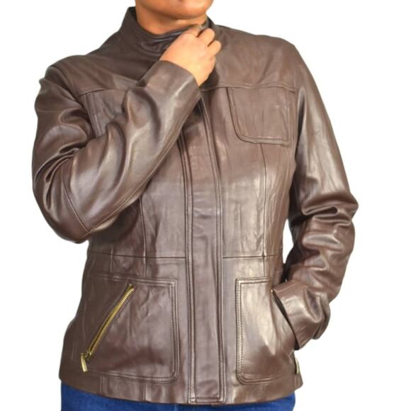 Chicos Leather Jacket Brown Cafe Racer Biker Pockets Zippered Size Small Davita - Picture 12 of 15